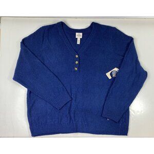 St. Johns Bay Womens Blue Long Sleeve Ribbed Cuffs V-Neck Casual Sweater Size 2X
